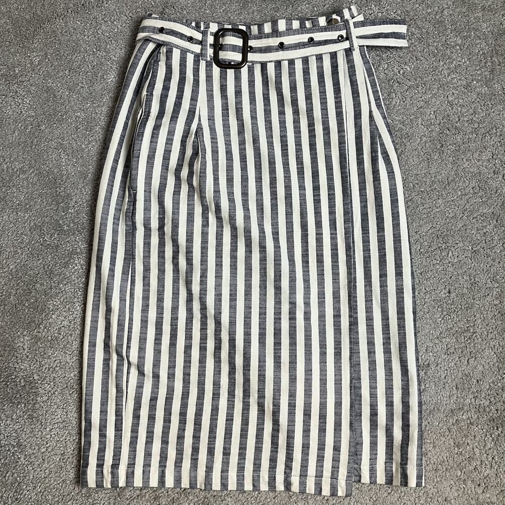 Anthropologie Women's Navy Blue Cream Striped Midi Skirt Size 2